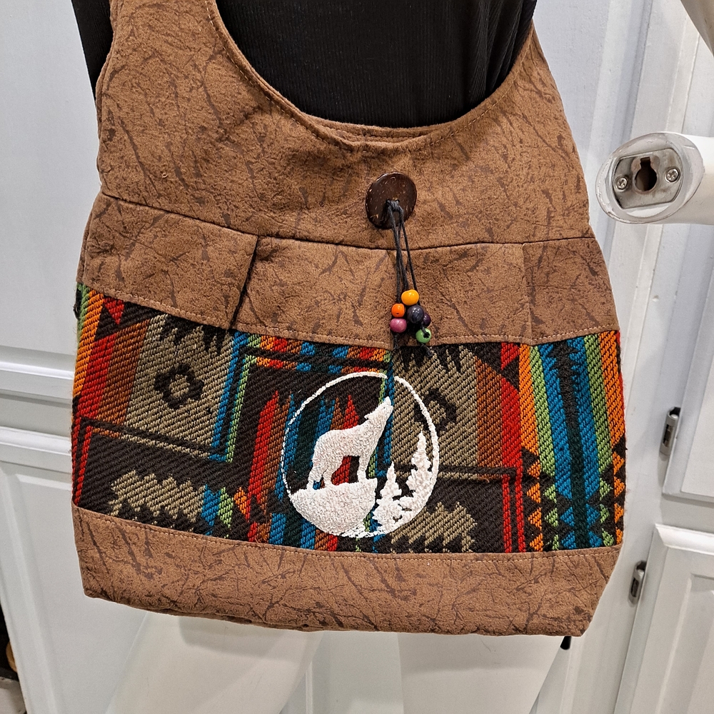 Brown Southwestern Embroidered Hobo Bag with Wolf Motif